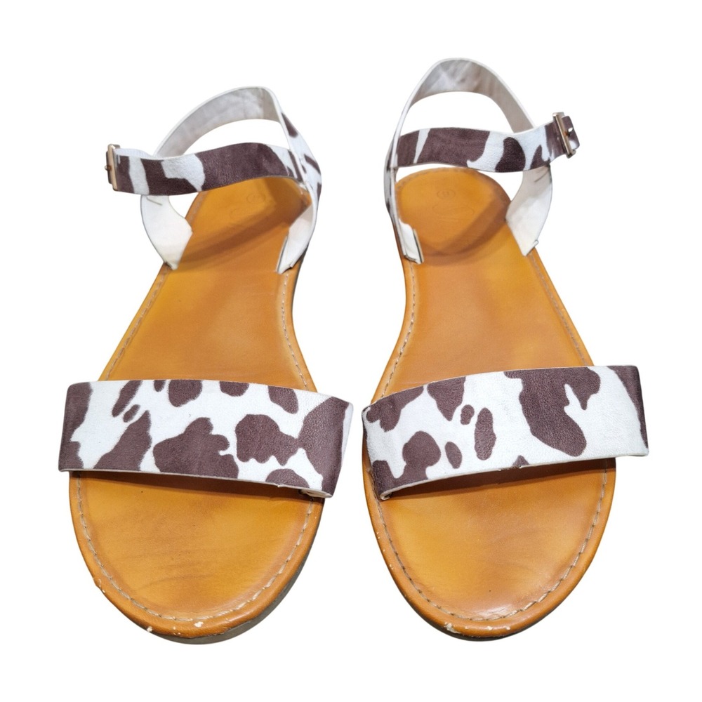 Women's‎ Size 9 Cow Print Flat Sandals Brown White Ankle Strap Open Toe Shoes